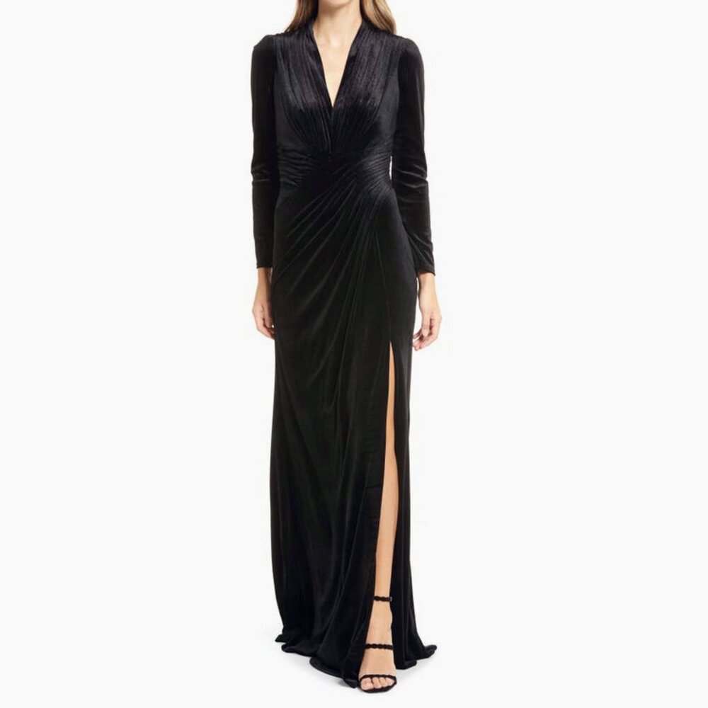 Tadashi Shoji | Draped Long Sleeve Velvet Gown | NWT